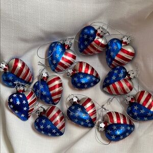 Lot of 12 Stars and Stripes American flag heart glass ornaments